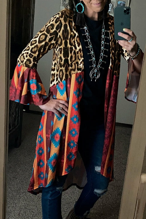 Aztec Leopard Splicing Ruffle Long Sleeve Cardigan