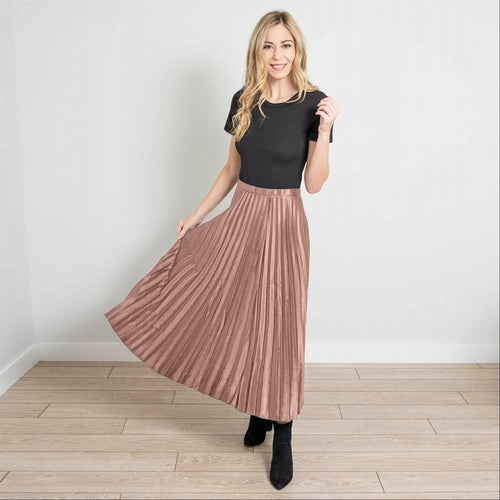 Side Zip Pleated Silk Midi Skirt