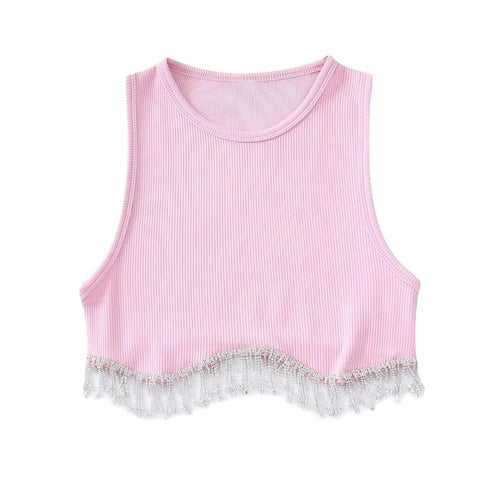 Beading Trimmed Glitter Sexy Party Slim Black White Tank Top