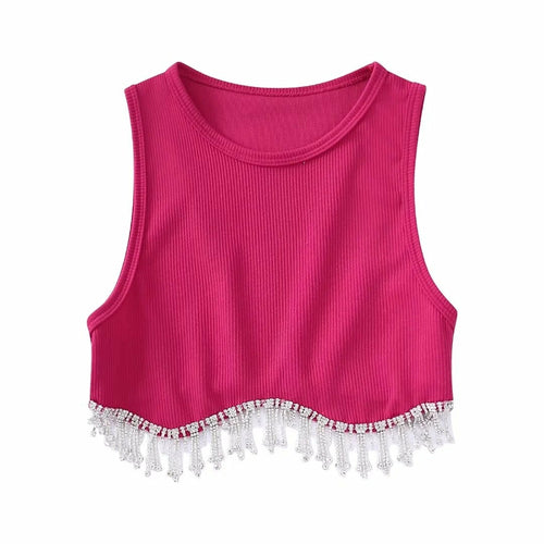 Beading Trimmed Glitter Sexy Party Slim Black White Tank Top