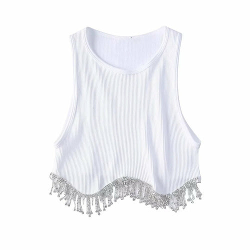 Beading Trimmed Glitter Sexy Party Slim Black White Tank Top