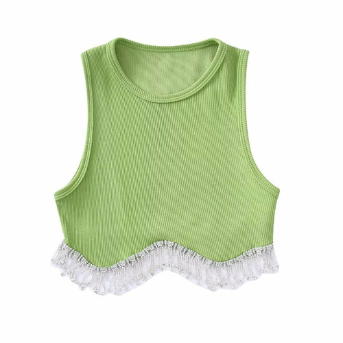 Beading Trimmed Glitter Sexy Party Slim Black White Tank Top