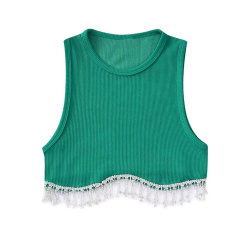 Beading Trimmed Glitter Sexy Party Slim Black White Tank Top