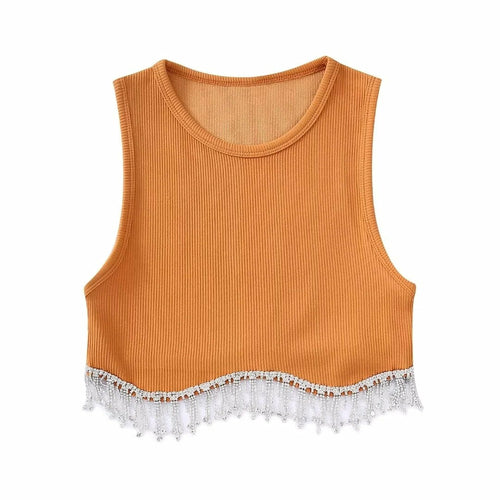 Beading Trimmed Glitter Sexy Party Slim Black White Tank Top
