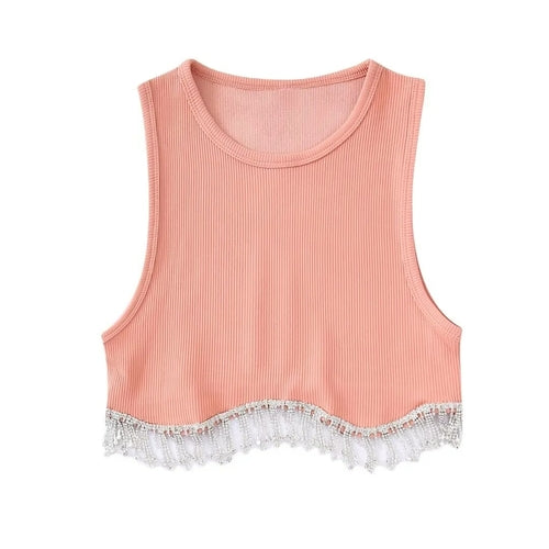 Beading Trimmed Glitter Sexy Party Slim Black White Tank Top