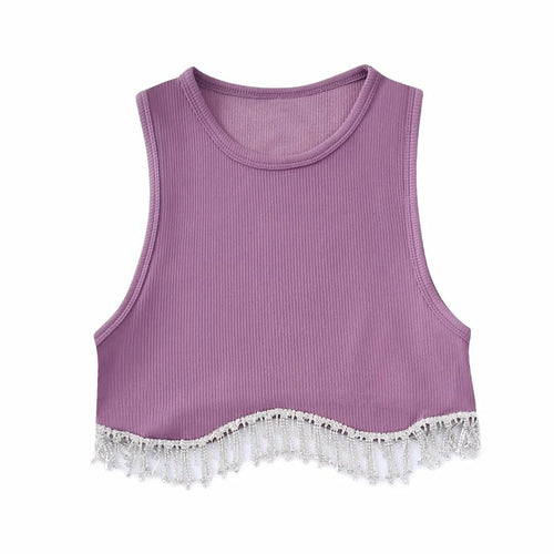Beading Trimmed Glitter Sexy Party Slim Black White Tank Top
