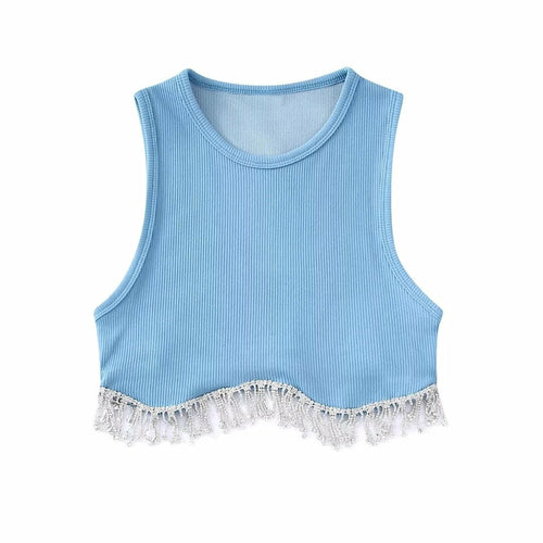 Beading Trimmed Glitter Sexy Party Slim Black White Tank Top