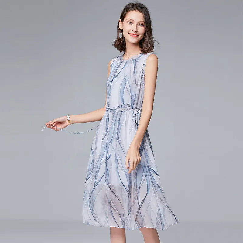 2020 new women's middle school long sleeveless fungus edge waist drawstring stripe elegant Fairy Dress