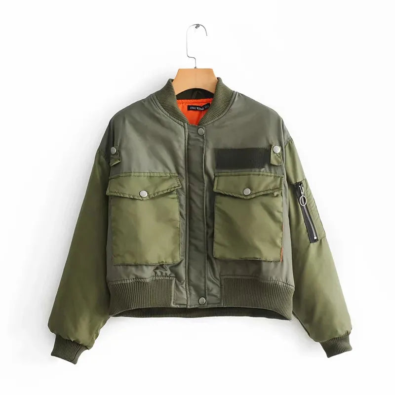 2020 stylish lady autumn winter merodi green short jackets women fashion long sleeve zipper bomber jacket outwear women's coat