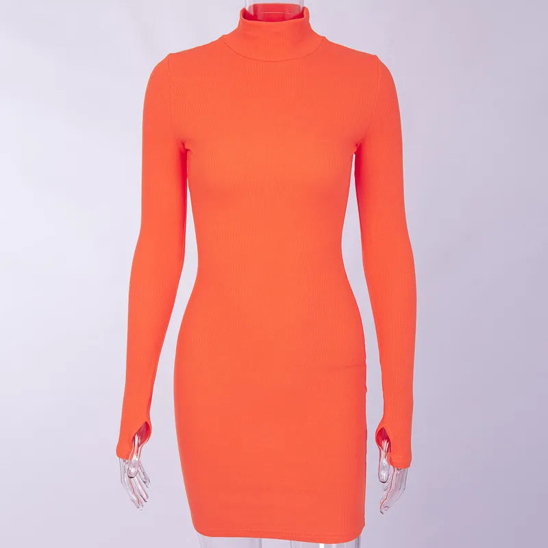 WannaThis Turtleneck Long Sleeve Skinny Mini Dress Women Autumn New Cotton Solid Elastic Dresses 4 Color Bodycon Casual Orange