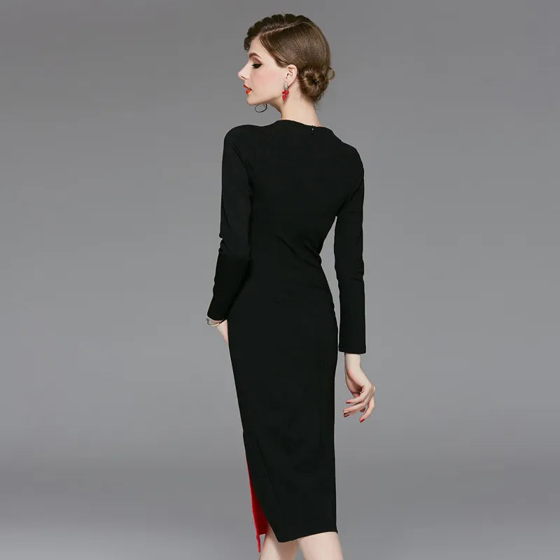 Spring 2023 women's new high-end retro dresses improved cheongsam color contrast celebrity hip long sleeve dress