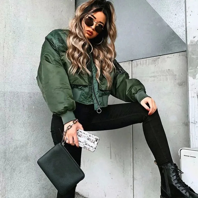 2020 stylish lady autumn winter merodi green short jackets women fashion long sleeve zipper bomber jacket outwear women's coat