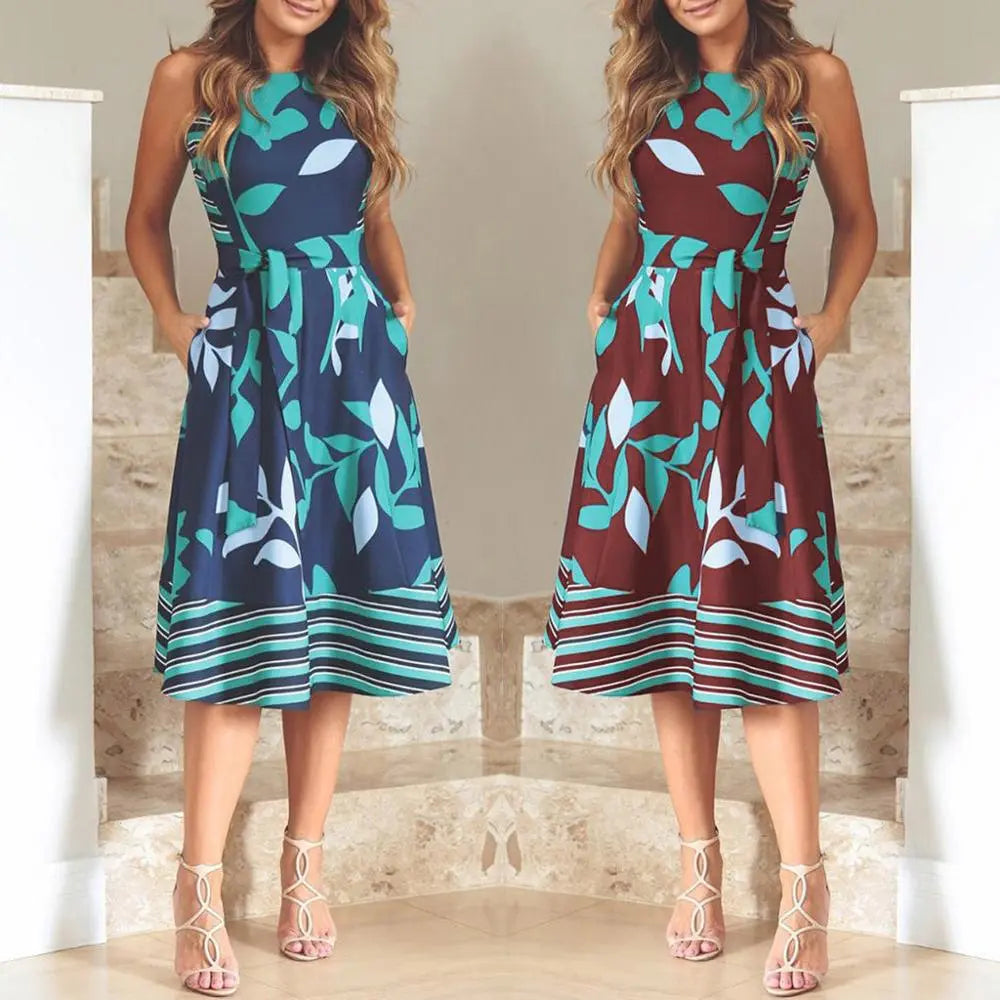 NEDEINS 2020 Women Summer Printed Dress O Neck Sleeveless Boho Sashes A Line Dress Casual Ladies Beach Dress Sexy Robe