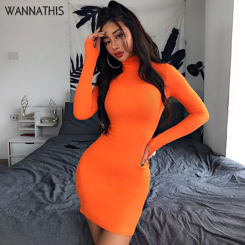 WannaThis Turtleneck Long Sleeve Skinny Mini Dress Women Autumn New Cotton Solid Elastic Dresses 4 Color Bodycon Casual Orange