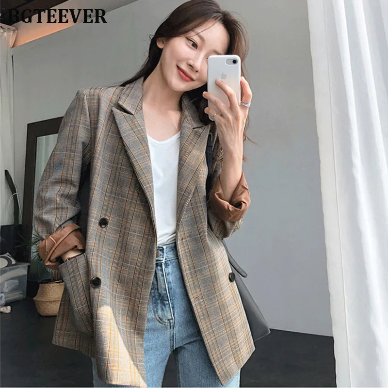 Vintage Plaid Double Breasted Women Blazer Oversized Full Sleeve Grid Female Suit Coat Elegant Autumn Women Jackets Outwear 2019