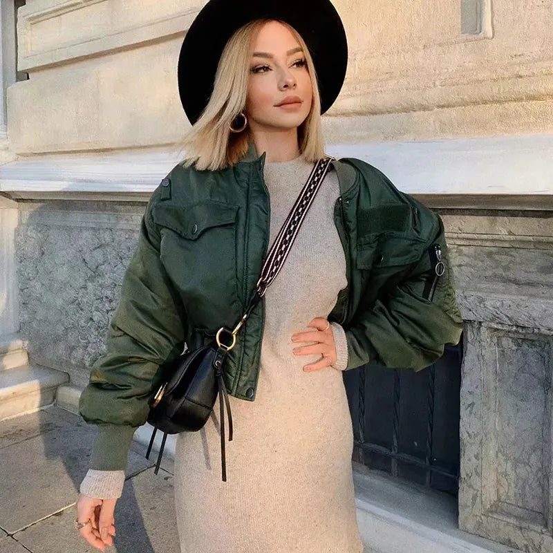 2020 stylish lady autumn winter merodi green short jackets women fashion long sleeve zipper bomber jacket outwear women's coat