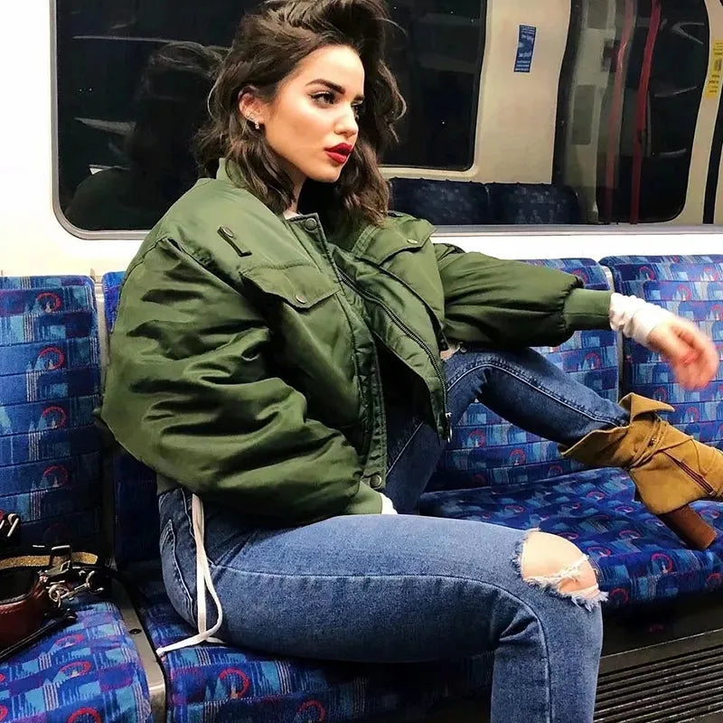 2020 stylish lady autumn winter merodi green short jackets women fashion long sleeve zipper bomber jacket outwear women's coat