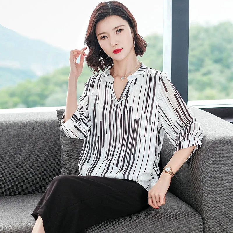 Women's Spring Summer Style Chiffon Blouses Blouses Shirt Women's Striped V-neck Three Quarter Sleeve Casual Loose Tops SP015