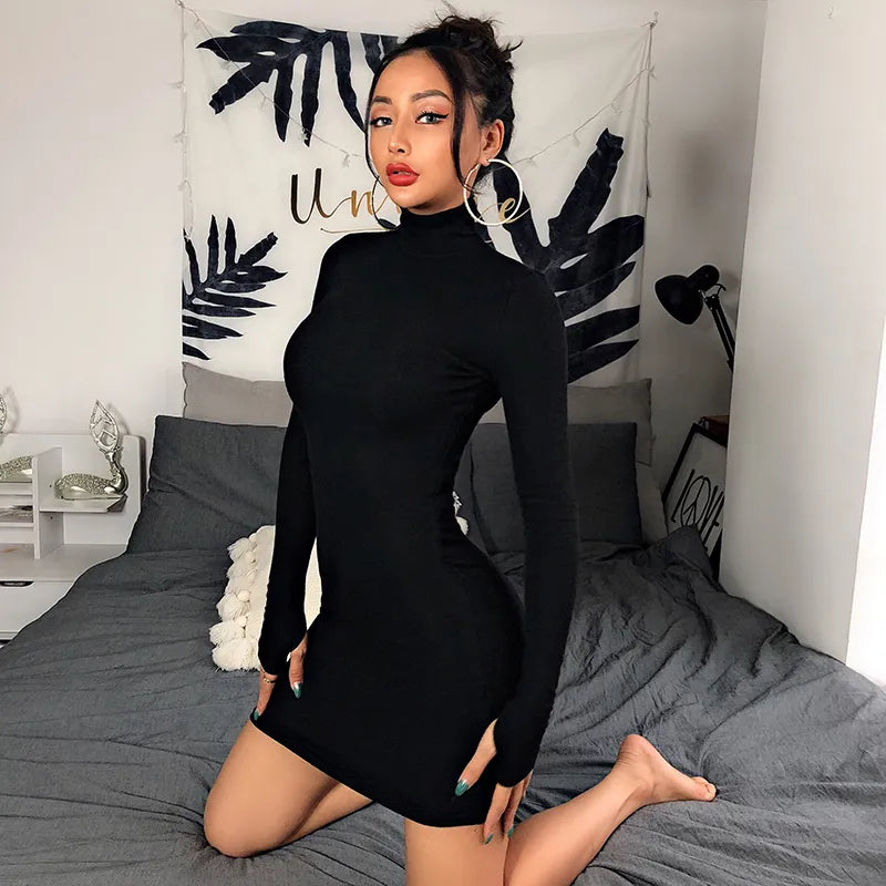 WannaThis Turtleneck Long Sleeve Skinny Mini Dress Women Autumn New Cotton Solid Elastic Dresses 4 Color Bodycon Casual Orange