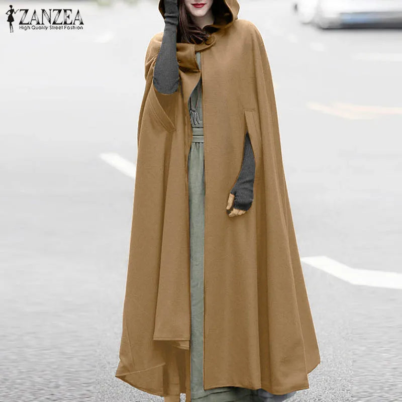 ZANZEA Women Poncho Winter Hooded Open Front Cloak Loose Solid Long Coat Hoodies Cosplay Outwear Christmas Casual Cape