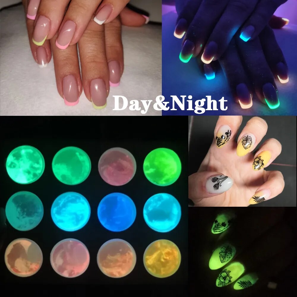 12 Boxes/Set Glow In Dark Glitter Nail Phosphorescent Powder Pigment Luminous Shining Halloween Christmas Nail Art Decorations