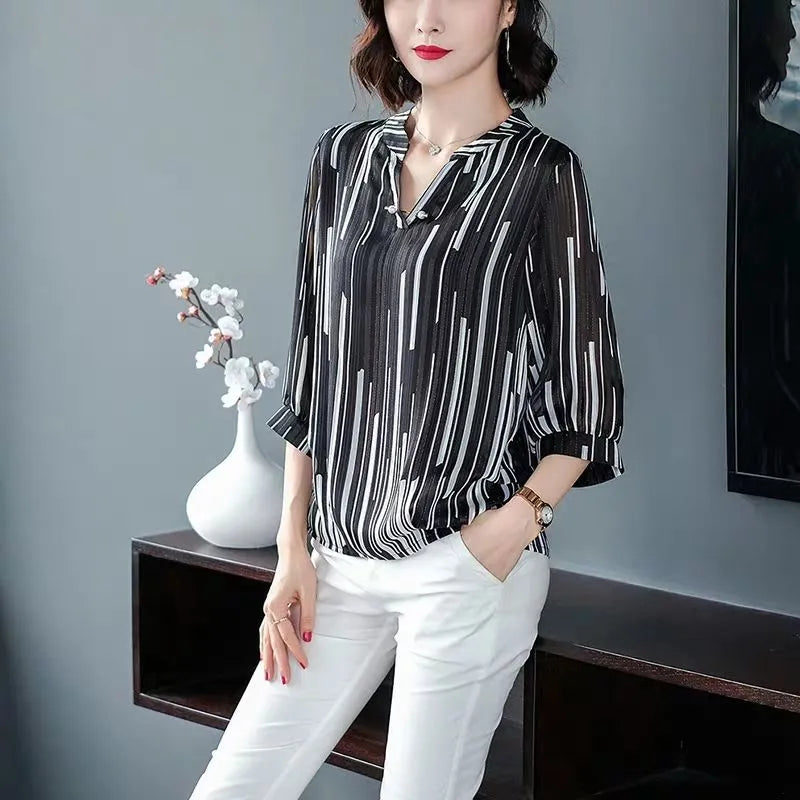 Women's Spring Summer Style Chiffon Blouses Blouses Shirt Women's Striped V-neck Three Quarter Sleeve Casual Loose Tops SP015