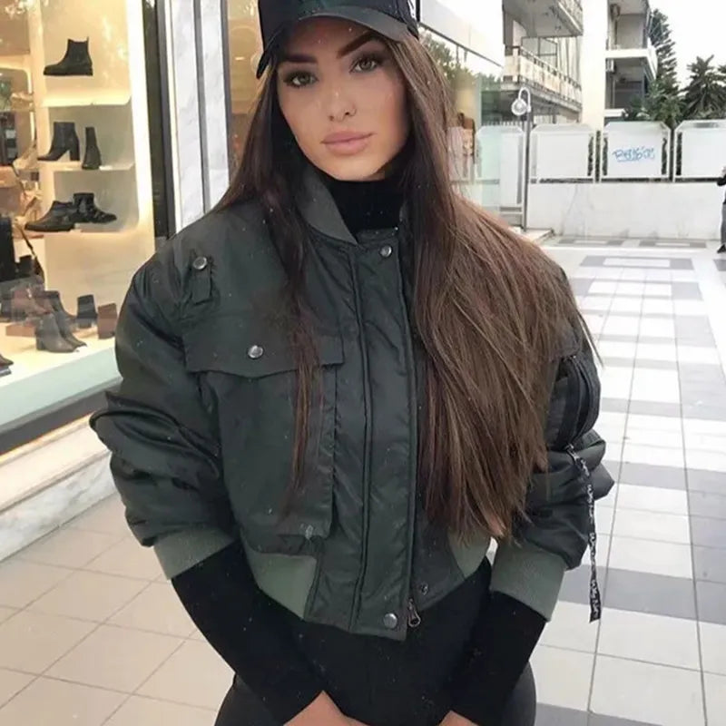 2020 stylish lady autumn winter merodi green short jackets women fashion long sleeve zipper bomber jacket outwear women's coat