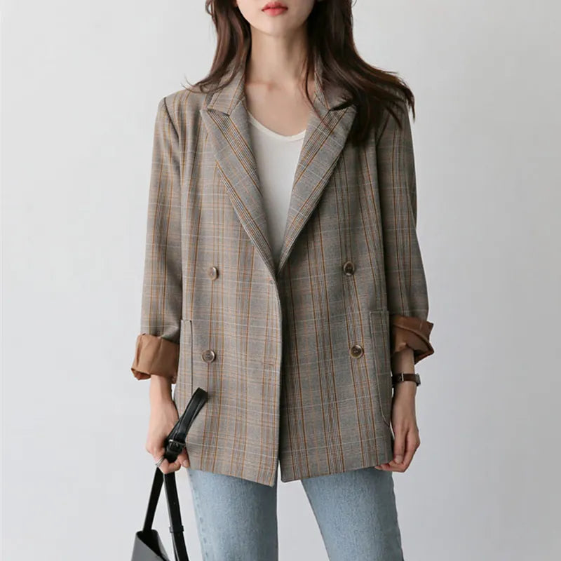 Vintage Plaid Double Breasted Women Blazer Oversized Full Sleeve Grid Female Suit Coat Elegant Autumn Women Jackets Outwear 2019