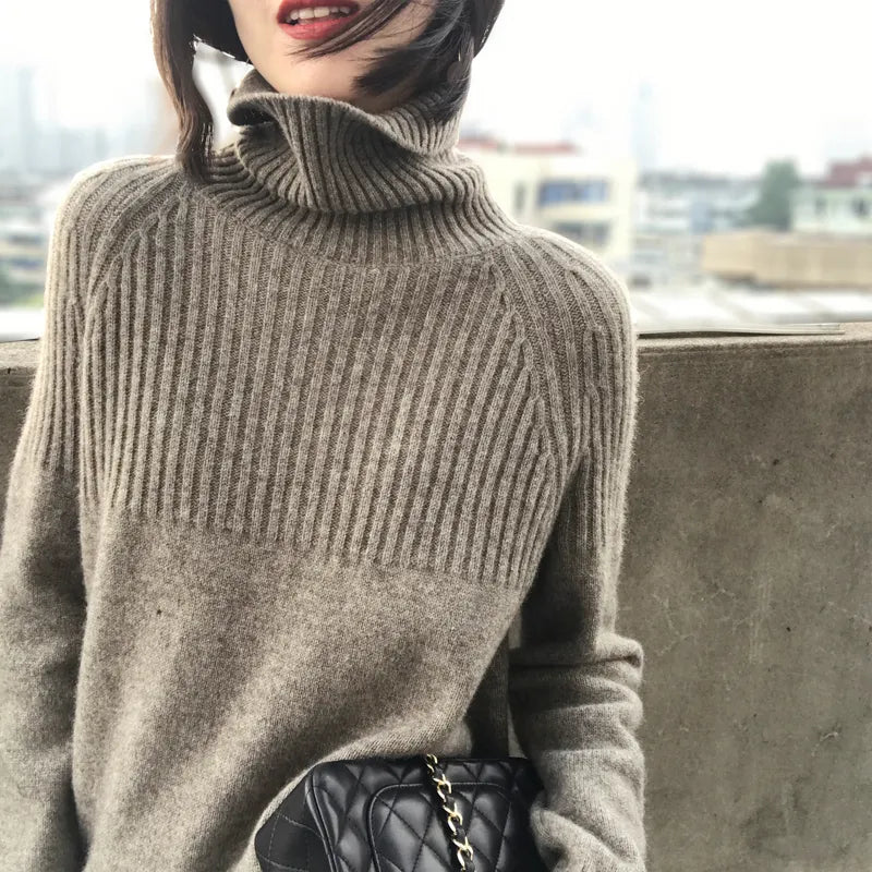 BELIARST Autumn and Winter 100% Pure wool Sweater Women's High Collar Loose Pullover Lazy Wind Sweater Was Thin