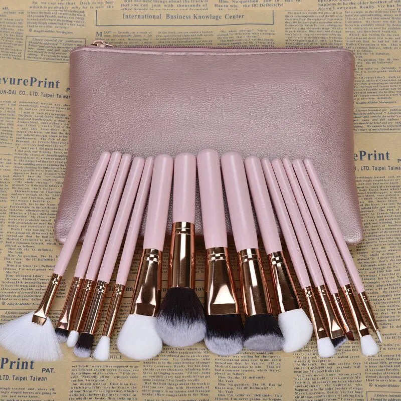 15pcs Pink Makeup Brushes Set Pincel Maquiagem Powder Eye Kabuki Brush Complete Kit Cosmetics Beauty Tools with Leather Case