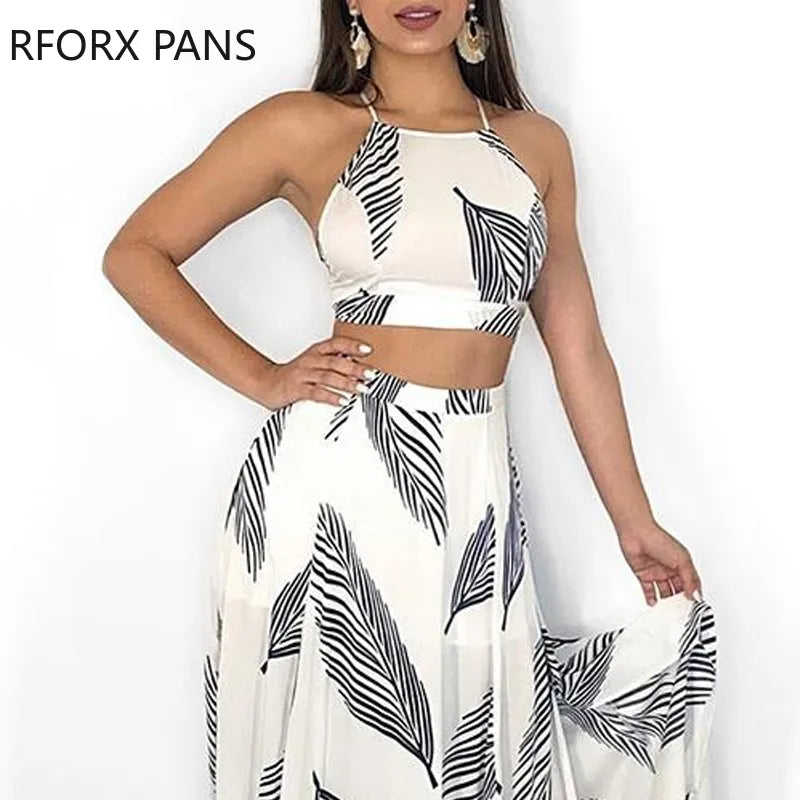 Women Leaf Print Backless Two Pieces Dress Cami Top & Split Maxi Set Dress