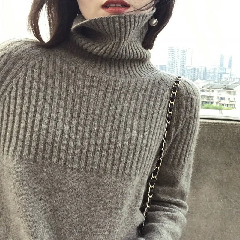 BELIARST Autumn and Winter 100% Pure wool Sweater Women's High Collar Loose Pullover Lazy Wind Sweater Was Thin