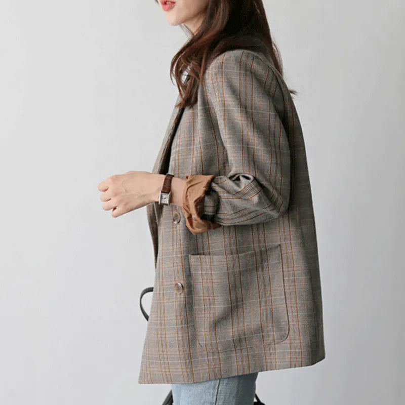 Vintage Plaid Double Breasted Women Blazer Oversized Full Sleeve Grid Female Suit Coat Elegant Autumn Women Jackets Outwear 2019