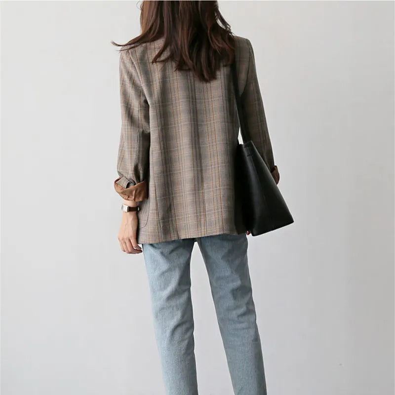 Vintage Plaid Double Breasted Women Blazer Oversized Full Sleeve Grid Female Suit Coat Elegant Autumn Women Jackets Outwear 2019