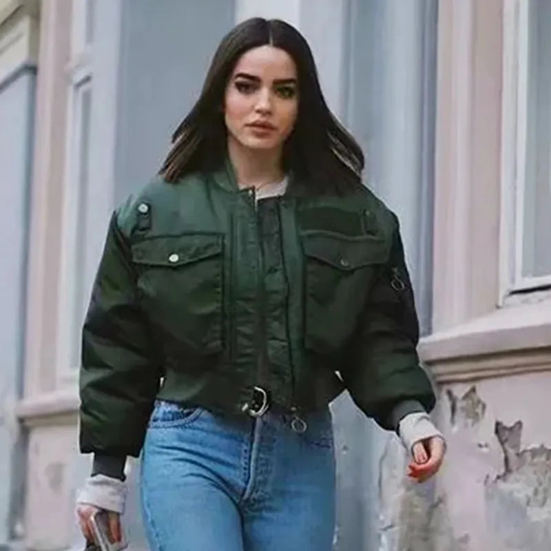 2020 stylish lady autumn winter merodi green short jackets women fashion long sleeve zipper bomber jacket outwear women's coat