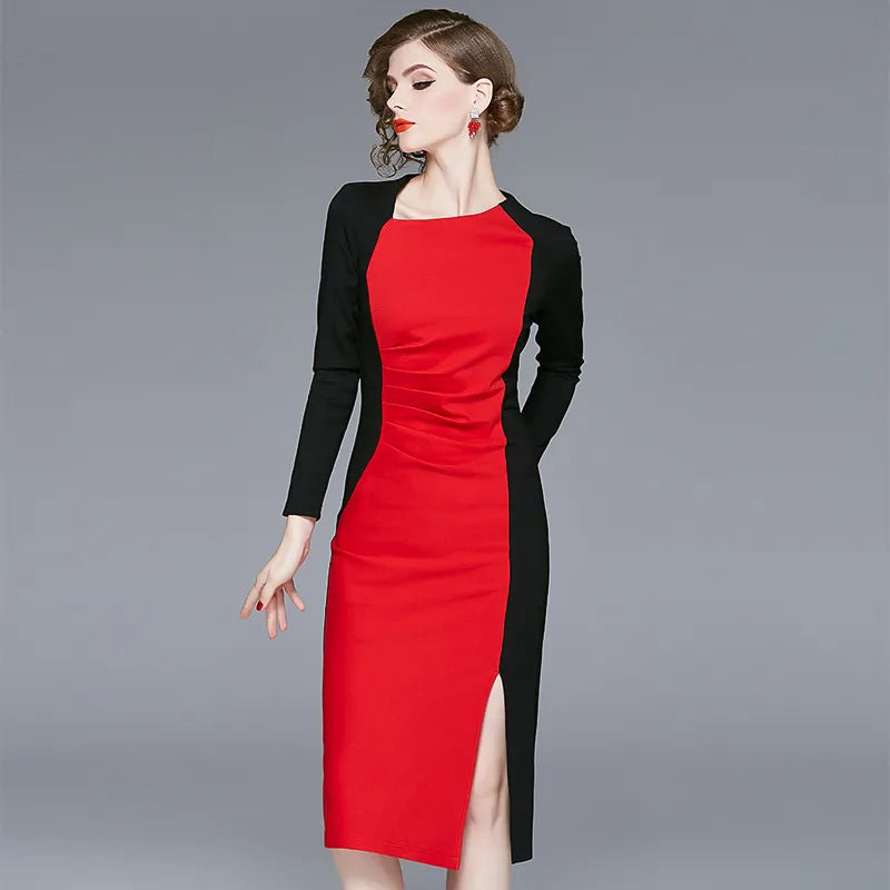 Spring 2023 women's new high-end retro dresses improved cheongsam color contrast celebrity hip long sleeve dress