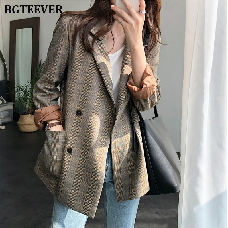 Vintage Plaid Double Breasted Women Blazer Oversized Full Sleeve Grid Female Suit Coat Elegant Autumn Women Jackets Outwear 2019