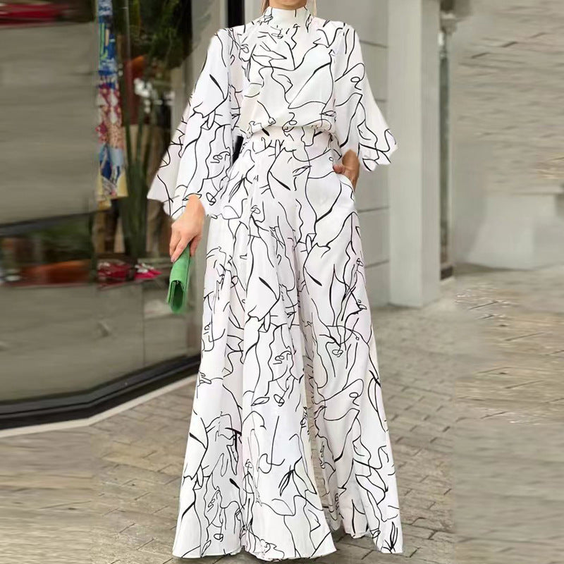 Print Long Sleeve Jumpsuit Office Lady Elegant O Neck Shirt Romper