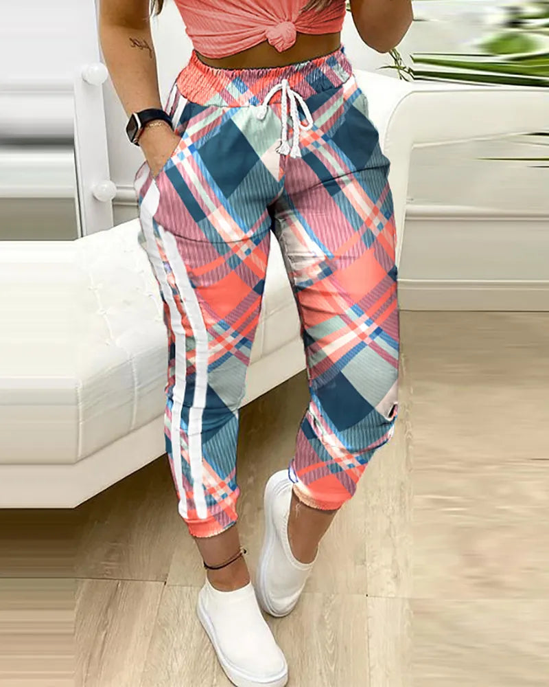 Women Fashion Casual Pants Trousers Colorblock Plaid print Cargo Pants Autumn Fashion Pocket Design Drawstring Casual Pants