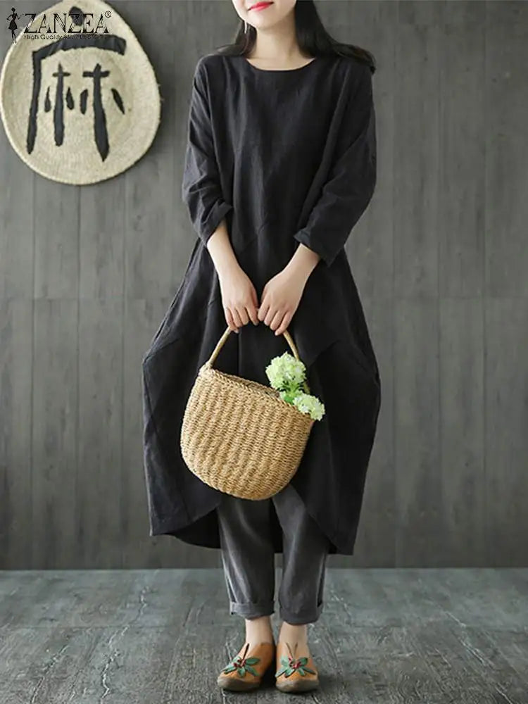 ZANZEA Women Autumn Long Sleeve Irregular Hem Loose Solid Midi Dress Vintage Vestido Casual Party Tunic Dresses Robe Sundress