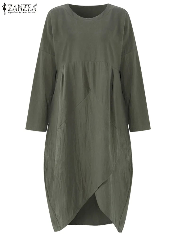 ZANZEA Women Autumn Long Sleeve Irregular Hem Loose Solid Midi Dress Vintage Vestido Casual Party Tunic Dresses Robe Sundress