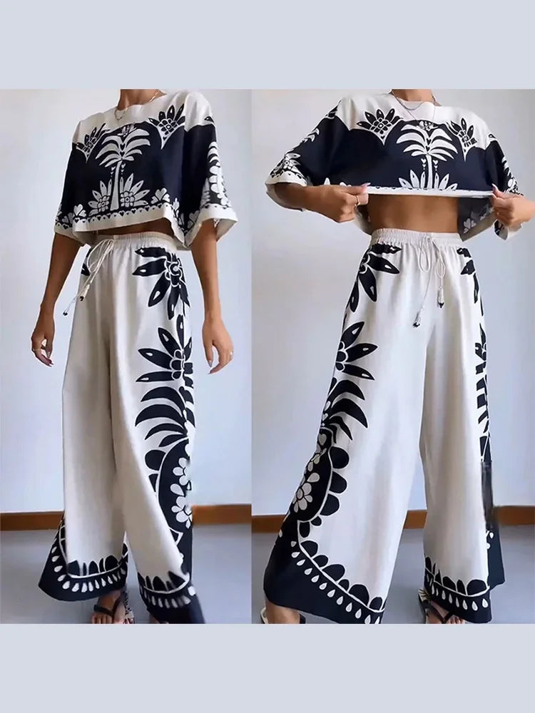 Vintage Printed Woman Tank Top & Trousers Suit O Neck Half Sleeved