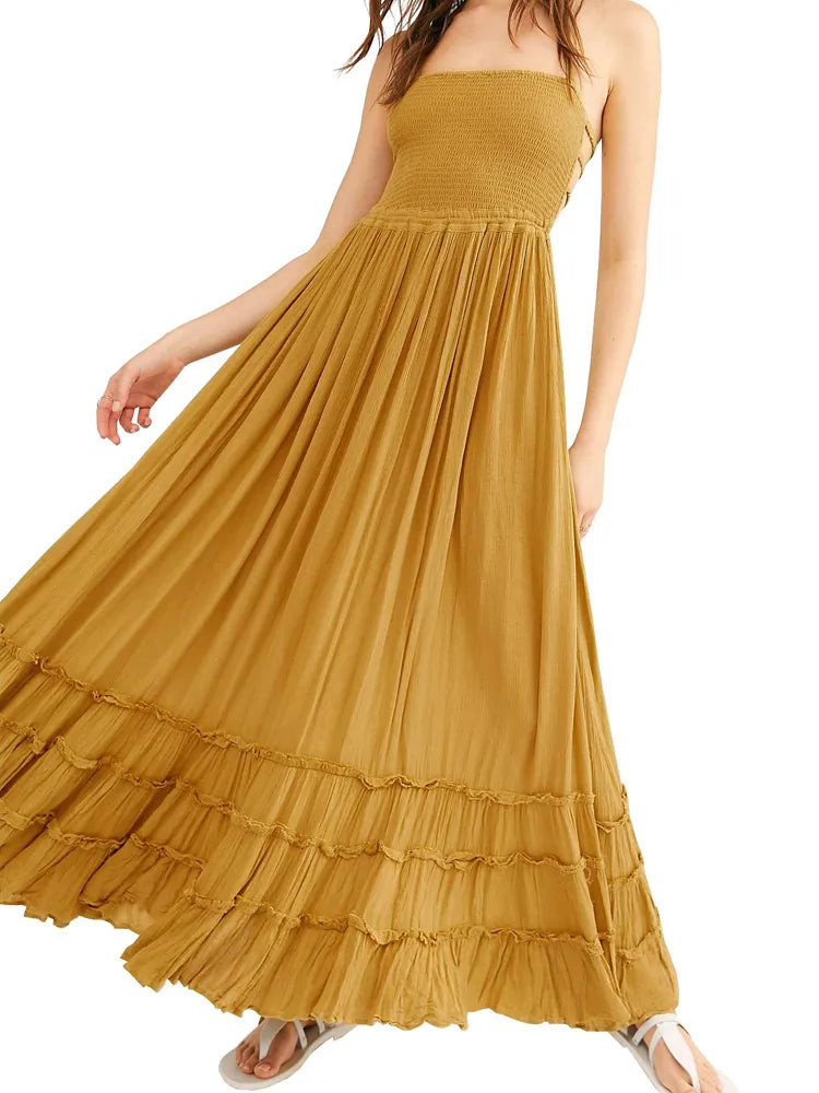 2023 Beach Sexy Boho Maxi Dress Summer Women Backless VERGOODR Smock Holiday Lace Up Cotton Long Dresses Hippie Free Shipping