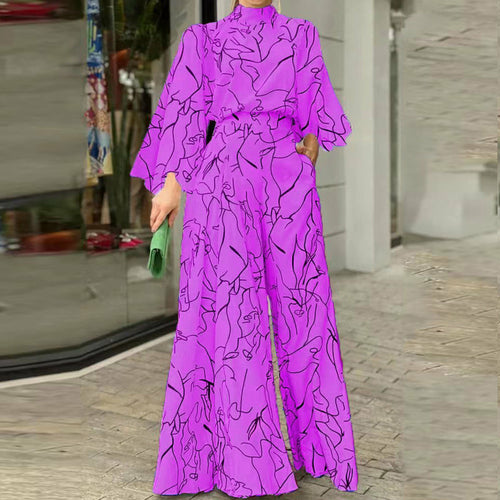 Print Long Sleeve Jumpsuit Office Lady Elegant O Neck Shirt Romper