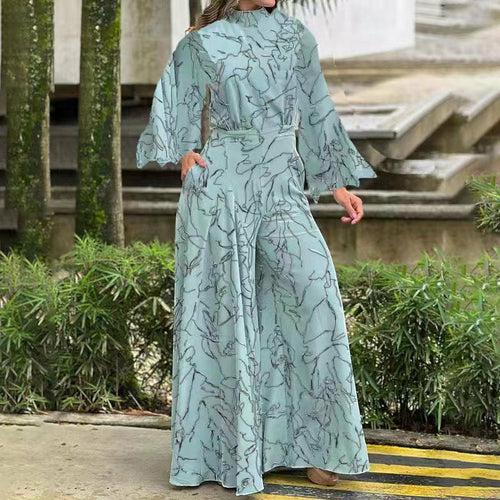 Print Long Sleeve Jumpsuit Office Lady Elegant O Neck Shirt Romper