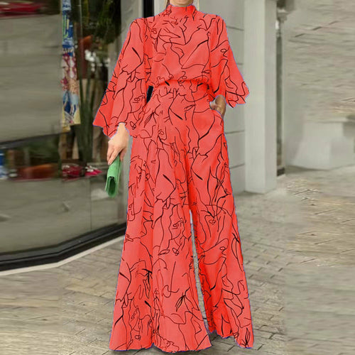Print Long Sleeve Jumpsuit Office Lady Elegant O Neck Shirt Romper