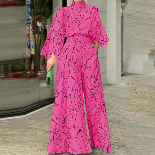 Print Long Sleeve Jumpsuit Office Lady Elegant O Neck Shirt Romper