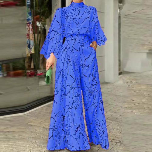 Print Long Sleeve Jumpsuit Office Lady Elegant O Neck Shirt Romper