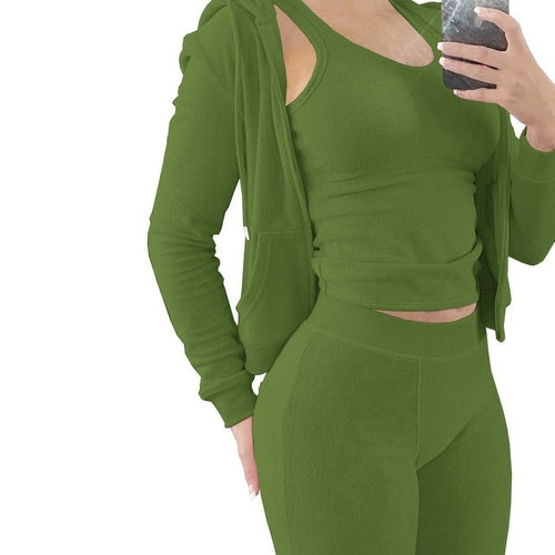 Women Thick Fleece 3 Piece Set Sweatpants & Vest & Hoodies Jackets Set