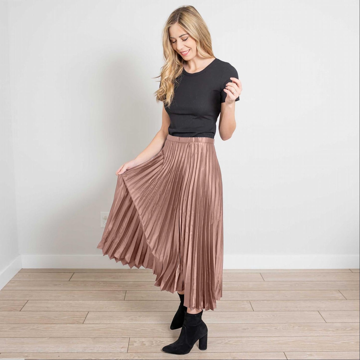 Side Zip Pleated Silk Midi Skirt